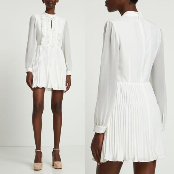 Self-Portrait Crepe Mini Dress White Ruffled Bib Bow Detail Pleated Sz 6 - Picture 1 of 9